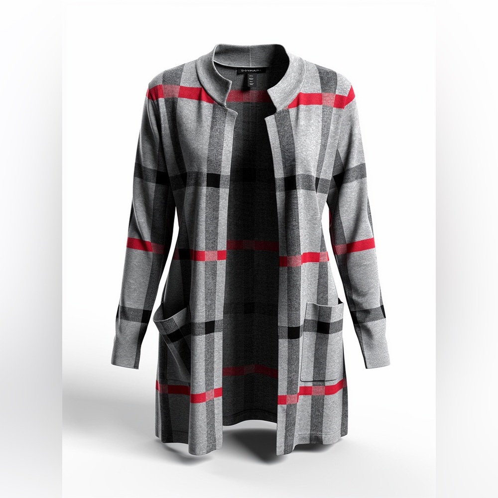 Tahari Gray and Red Open Front Cardigan